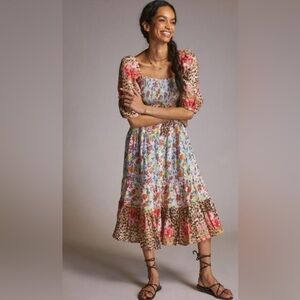 Anthropologie Place National linen floral print midi dress size medium NWOT